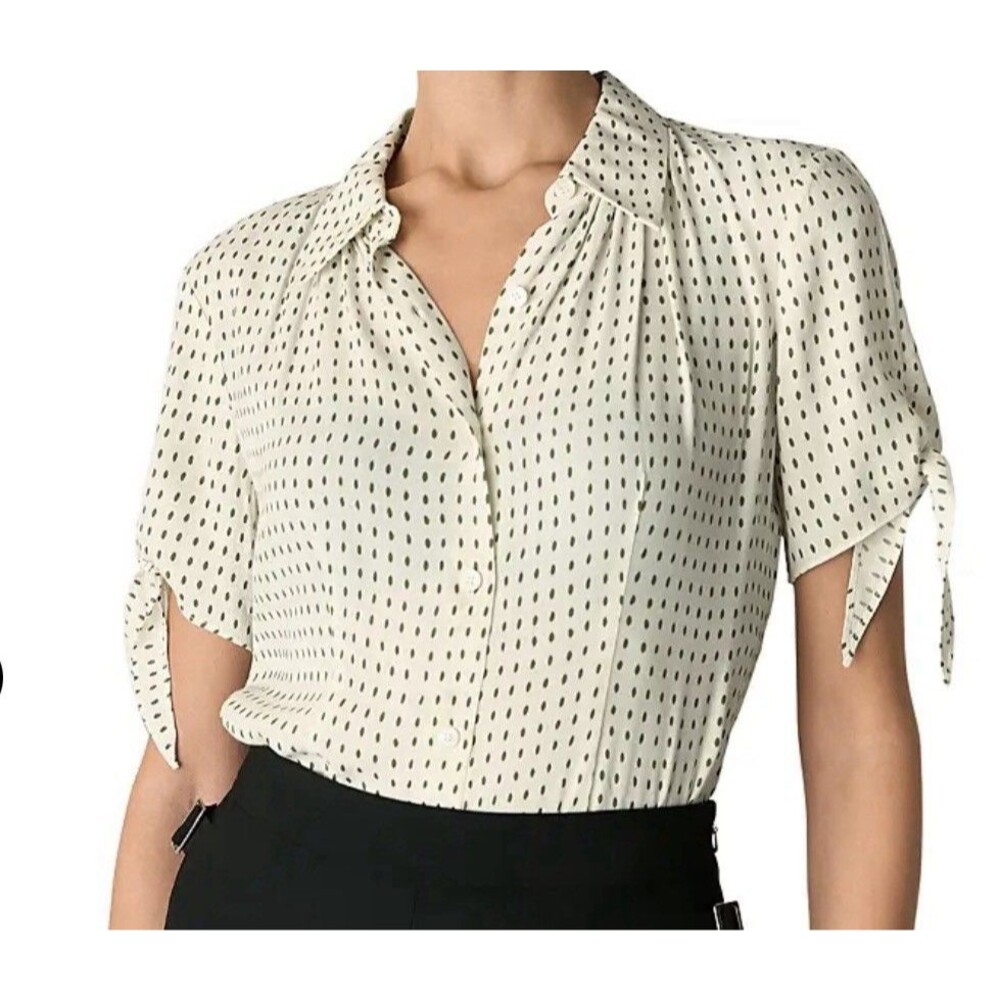 Whistles Size 6 Womens Oval Spot Tie Shirt / Blouse Cream Green - EUC
